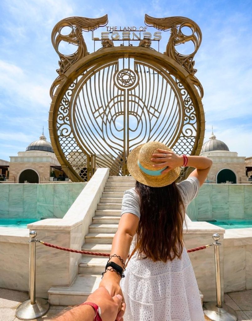 The iconic golden gate entrance of The Land of Legends theme park