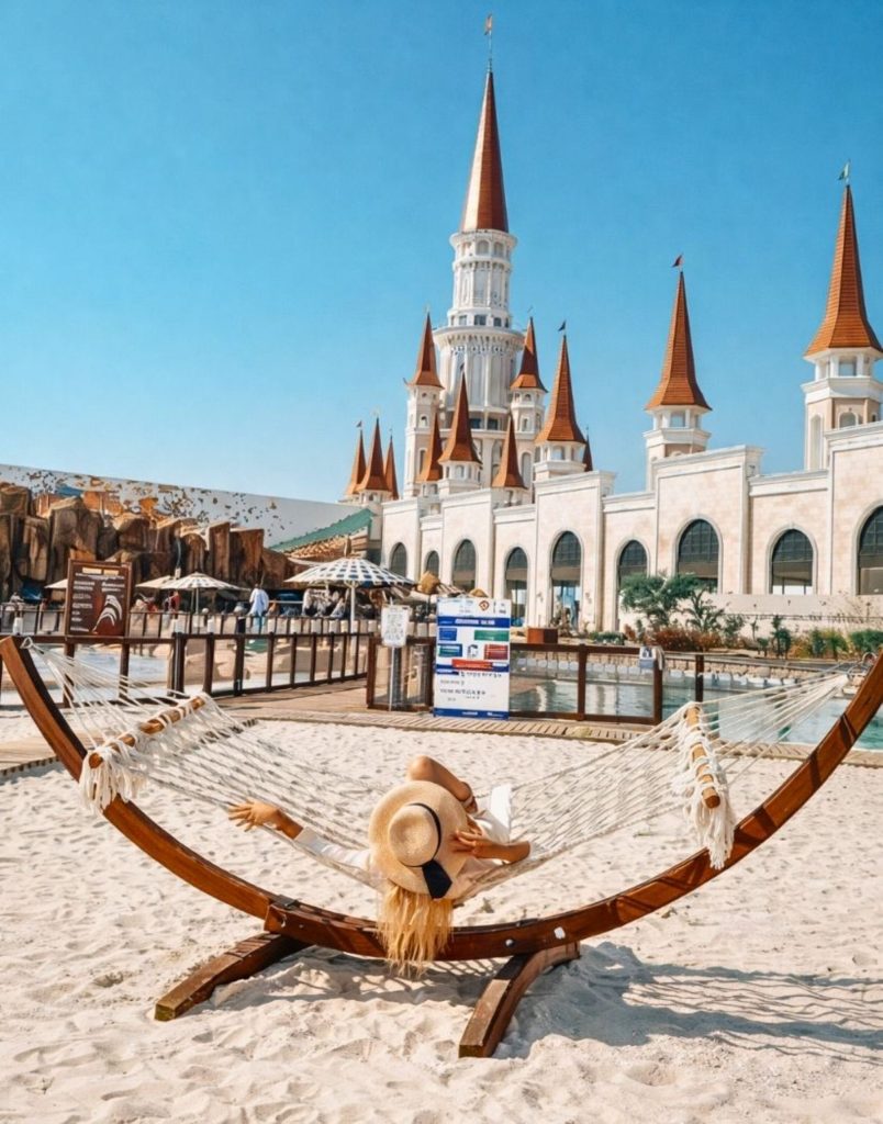 Sandy beach with hammock and Land of Legends castle in the background
