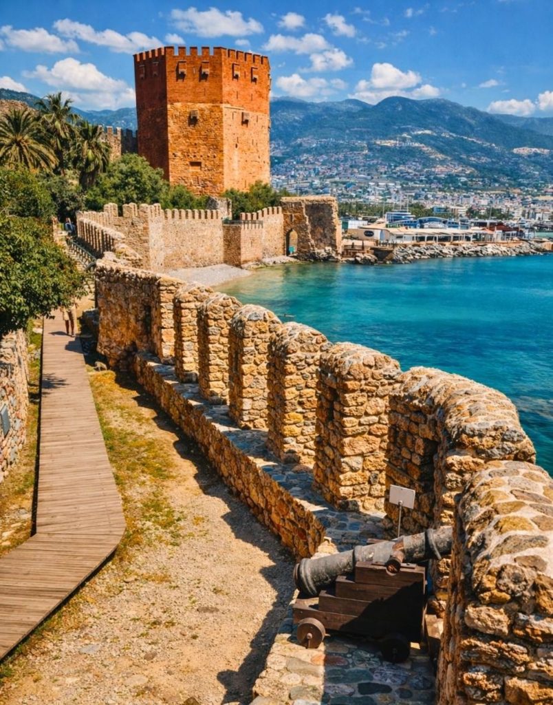 alanya city tour from side castle walls with cannon and red tower by the turquoise sea
