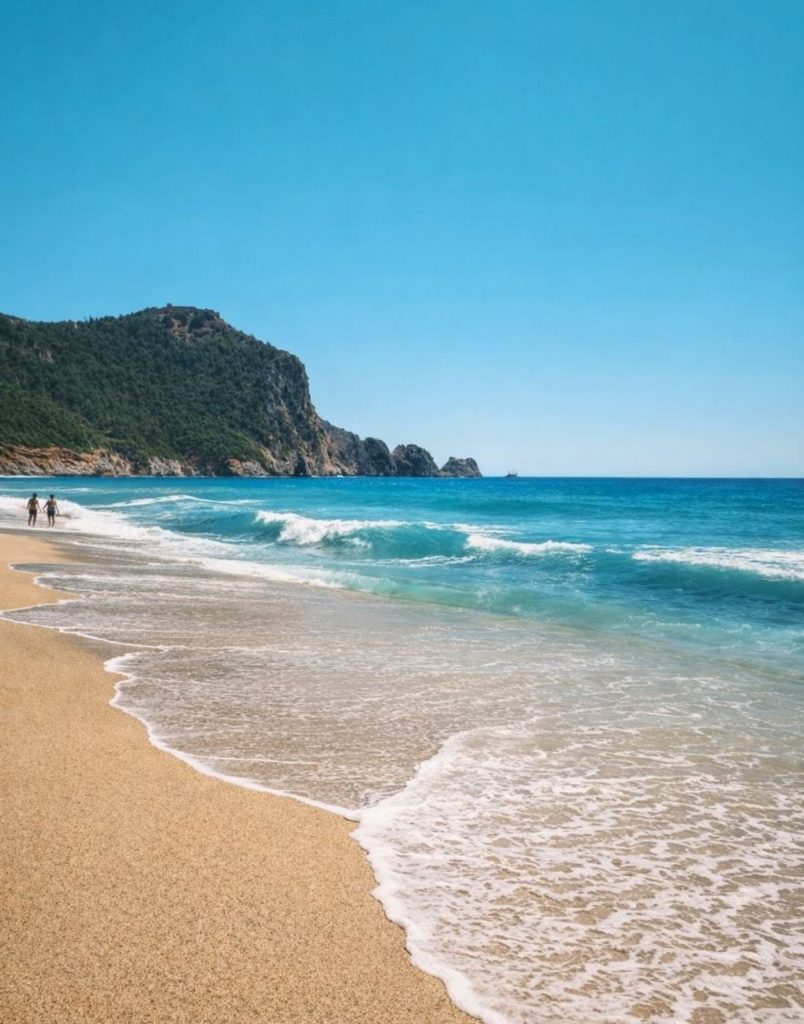 alanya city tour from side cleopatra beach with golden sand turquoise waves and castle hill