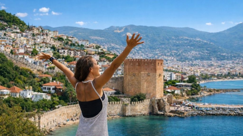 alanya city tour from side red tower and castle walls with turquoise sea and city in the background
