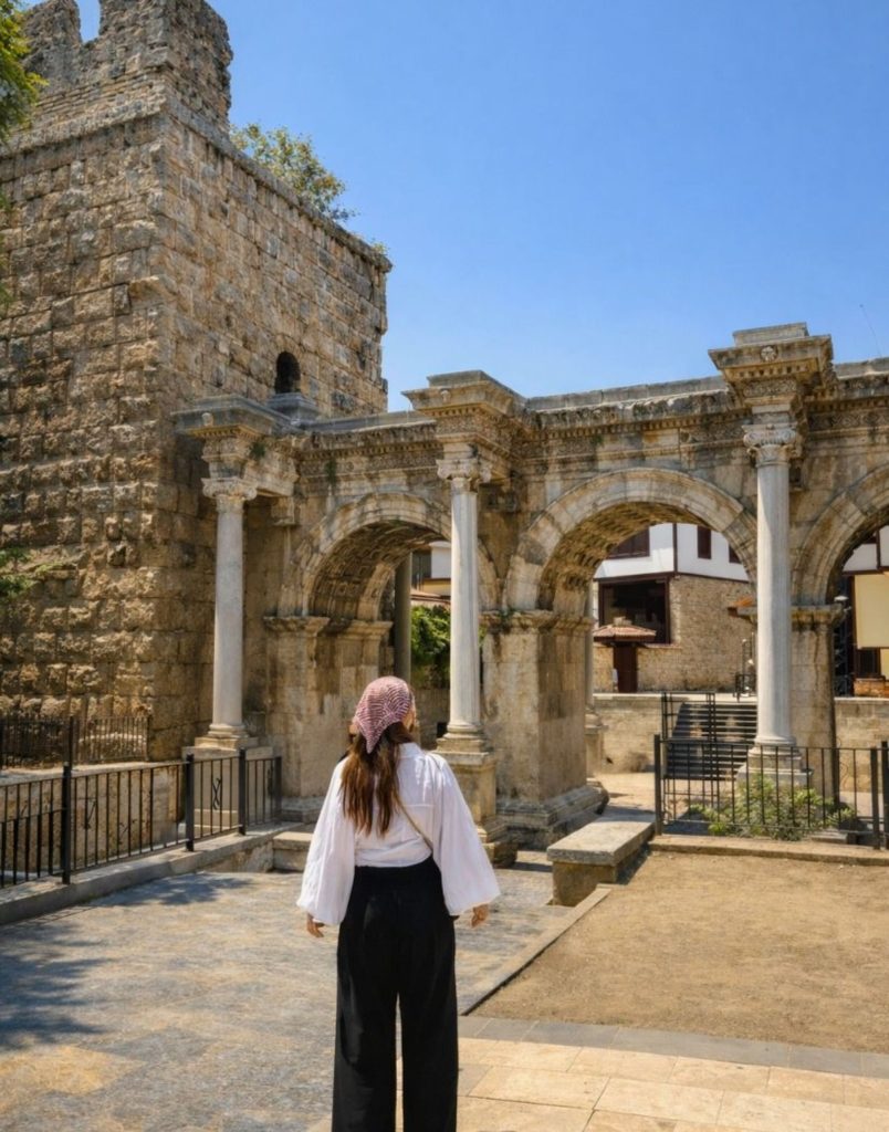 antalya city tour from side hadrians gate roman arches and columns up close