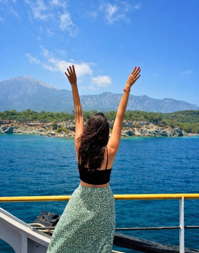 Enjoying stunning mountain and sea views from Mega Star boat deck in Antalya