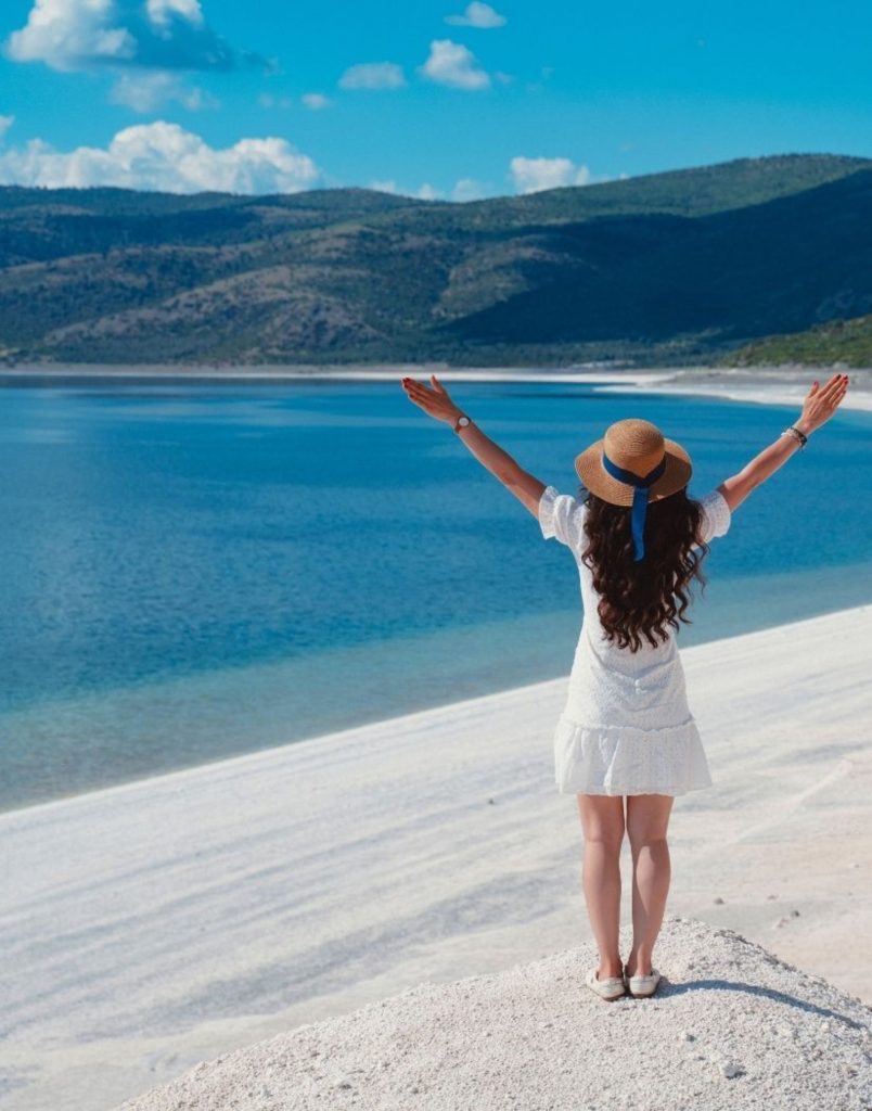 White beach and deep blue water of Lake Salda the Maldives of Turkey during Antalya Lake Salda and Pamukkale Tour