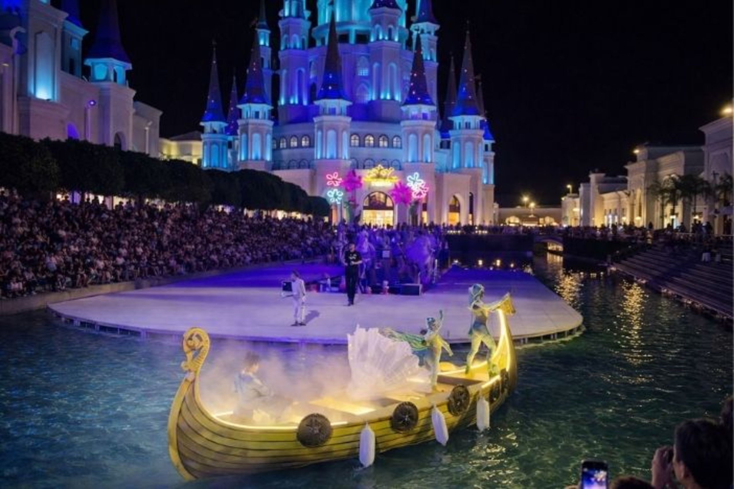 Land of Legends Night Show Antalya with illuminated castle water performances and costumed performers