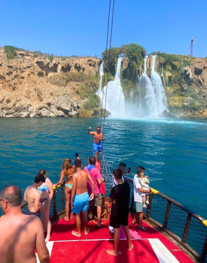 Close up view of Duden Waterfall from boat during Antalya Waterfall Boat Trip