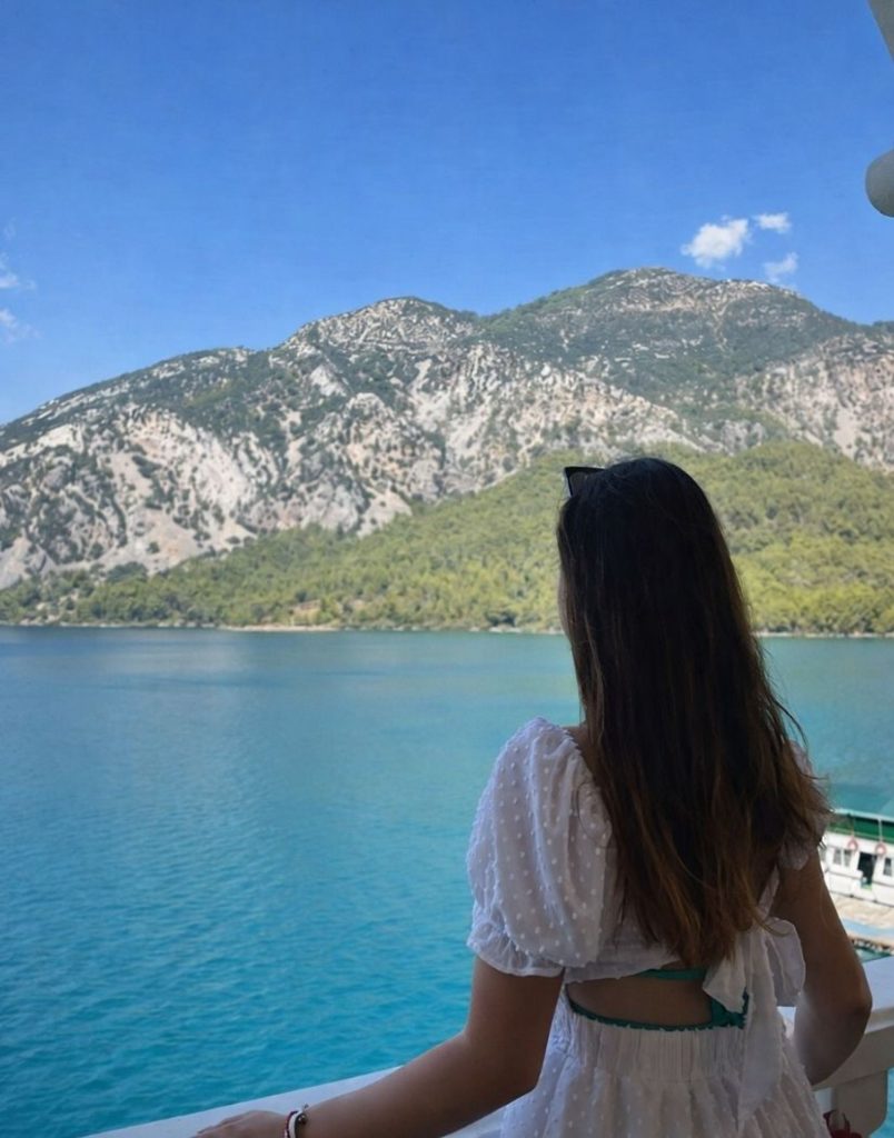Green Canyon lake and mountain panorama view from tour boat deck Manavgat