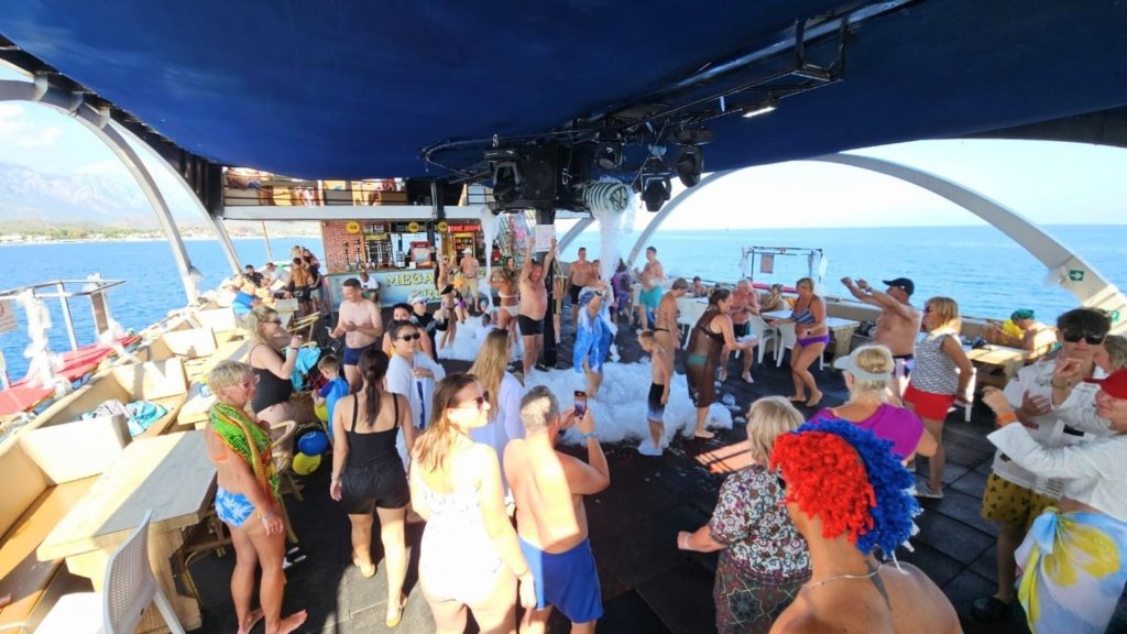 Mega Star boat trip foam party with DJ music and bar on deck Kemer