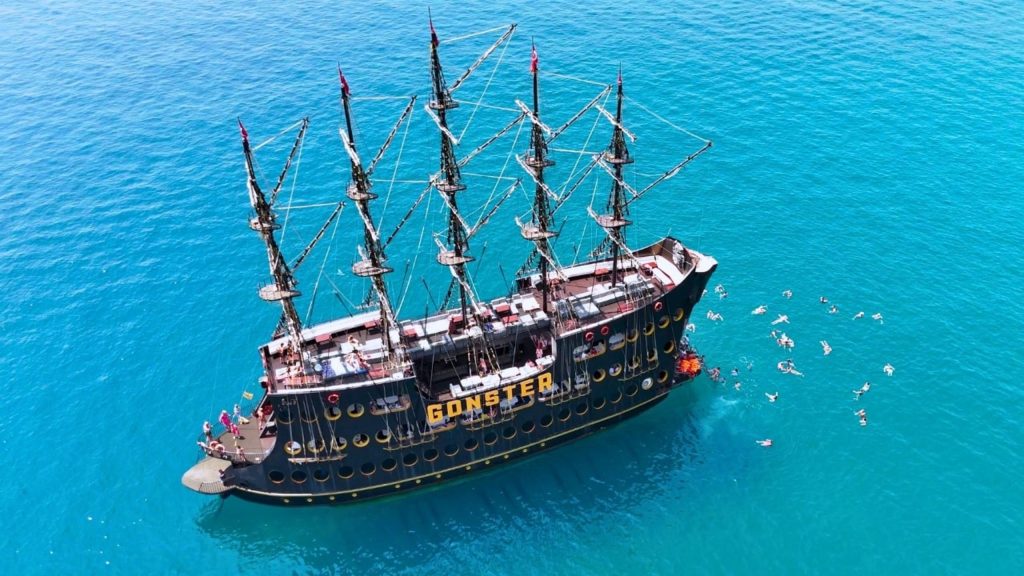 Belek pirate boat trip large pirate ship aerial view turquoise Mediterranean sea