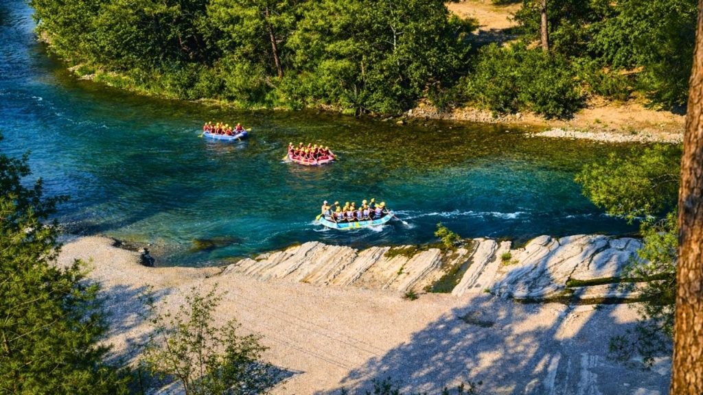 belek rafting boats on turquoise koprulu canyon river seen from above