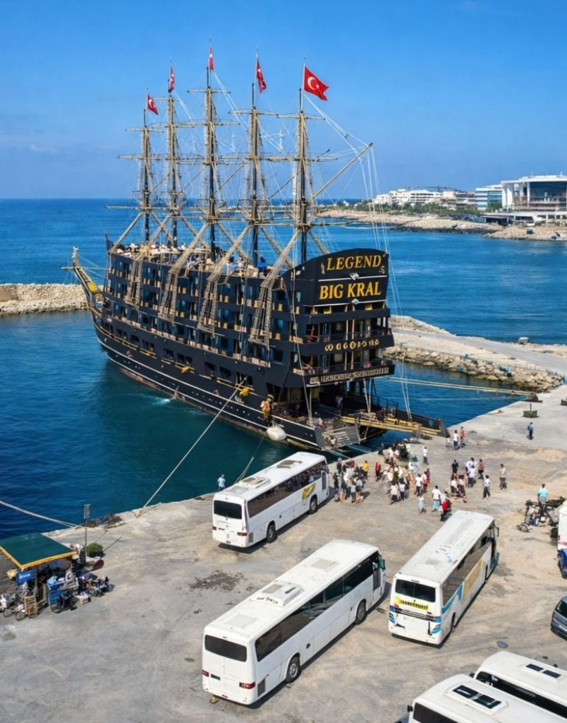 Big Kral pirate ship docked at harbour with transfer buses in Alanya