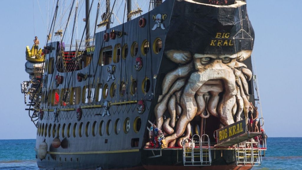 Close-up of Big Kral pirate ship with octopus artwork on the hull in Alanya