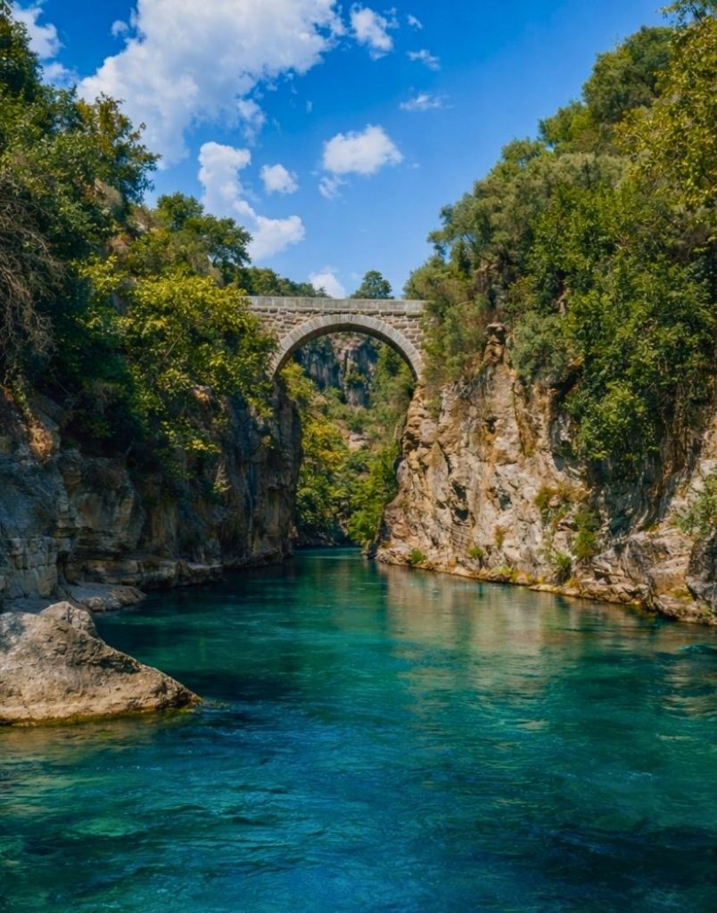 Ancient stone bridge over turquoise Koprulu Canyon river surrounded by cliffs and forest