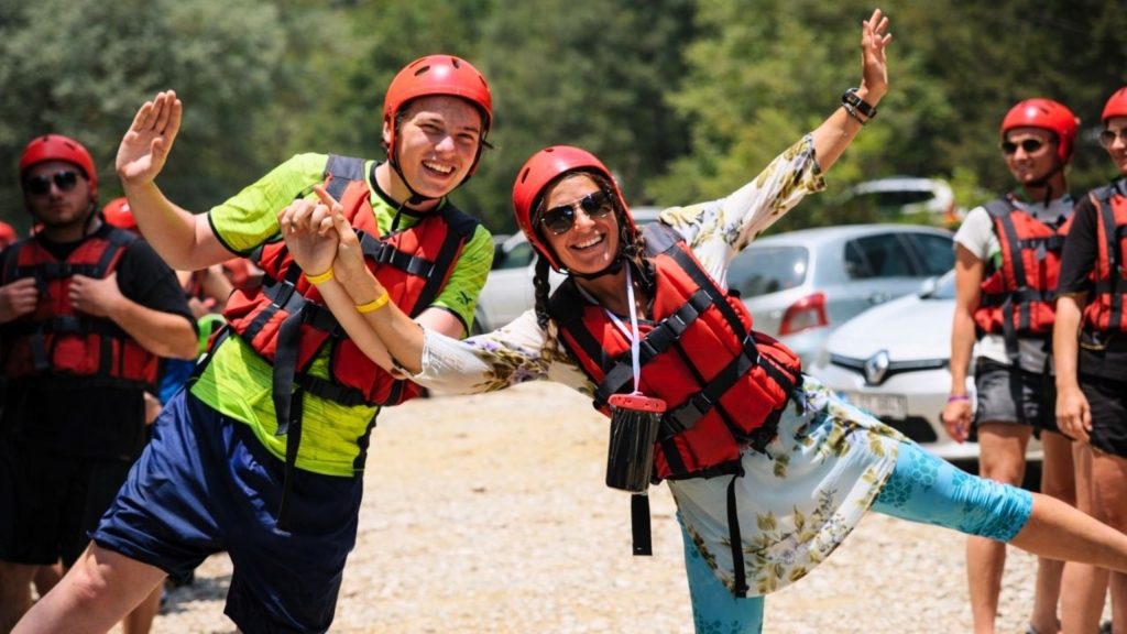Happy moment before the Alanya rafting adventure with safety equipment on