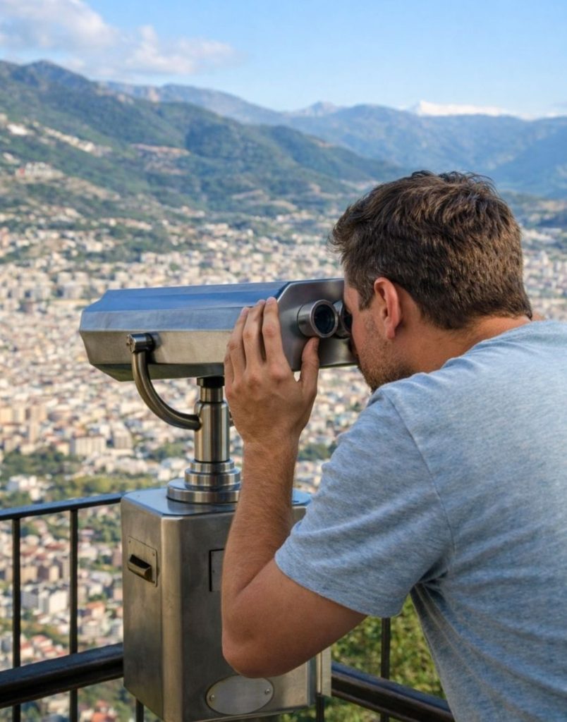 Visitor looking through binoculars at panoramic viewpoint on Alanya city tour