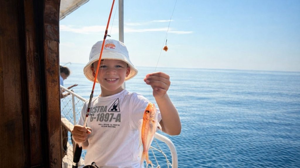 Happy child showing first fish catch on Alanya fishing tour Mediterranean Sea