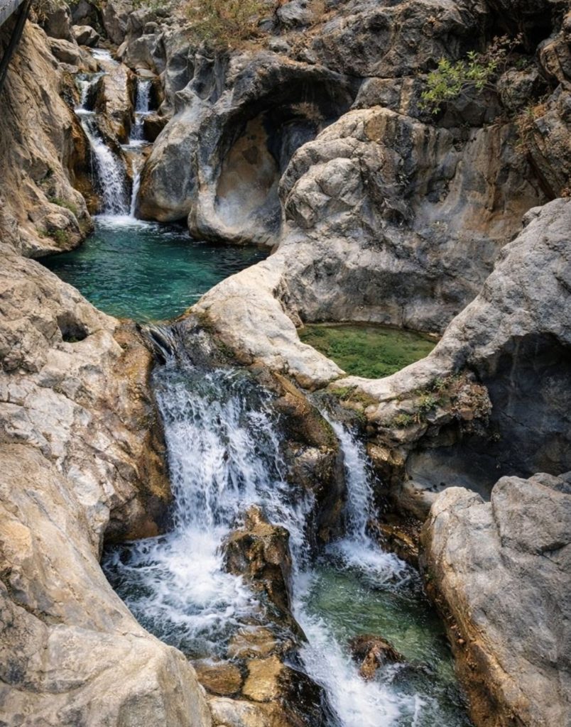 Cascading waterfalls with natural rock pools inside Sapadere Canyon