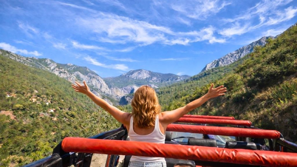 Open-top jeep ride through Taurus mountains on the way to Sapadere Canyon from Alanya