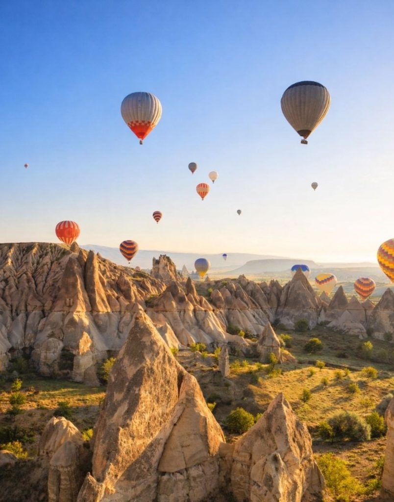 Colourful hot air balloons flying over Cappadocia fairy chimneys at sunrise