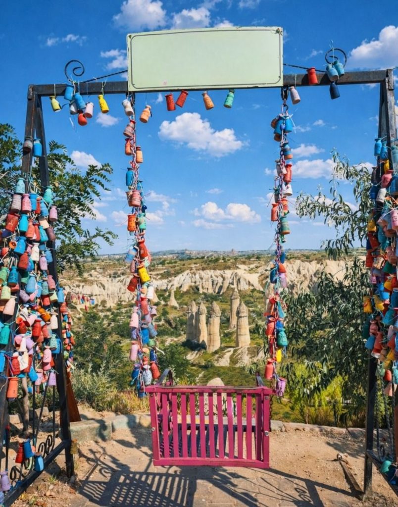 Colourful wish swing viewpoint overlooking Love Valley fairy chimneys in Cappadocia