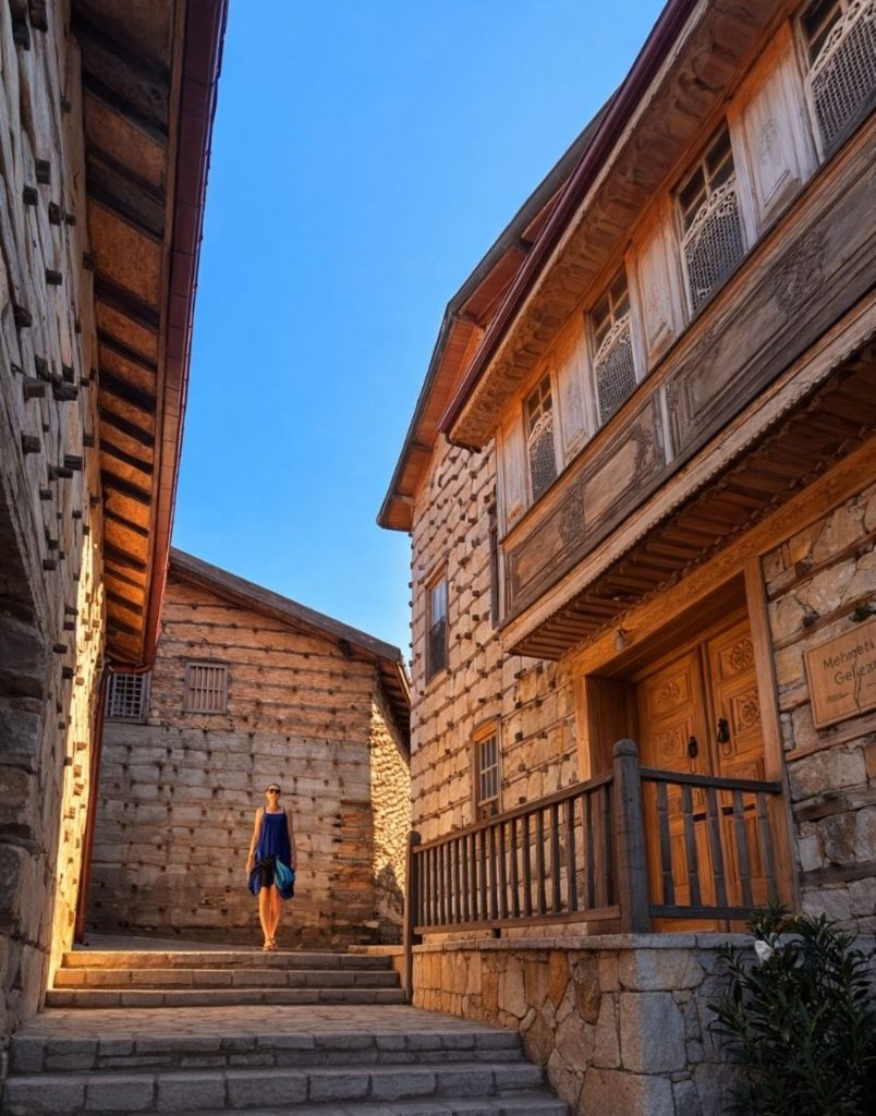 Visitor walking through traditional Dugmeli Evler stone village in Taurus Mountains on Alanya tour