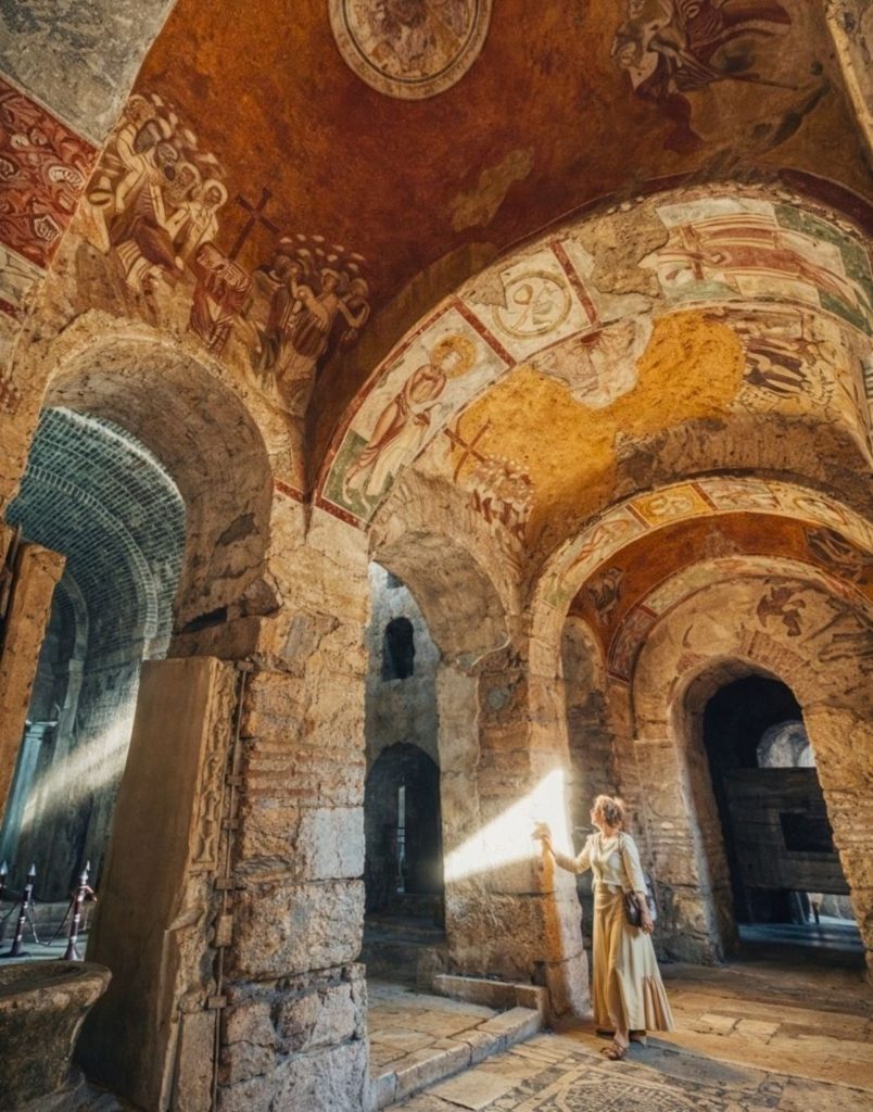 Church of St Nicholas interior ancient frescoes and light beam Demre Turkey