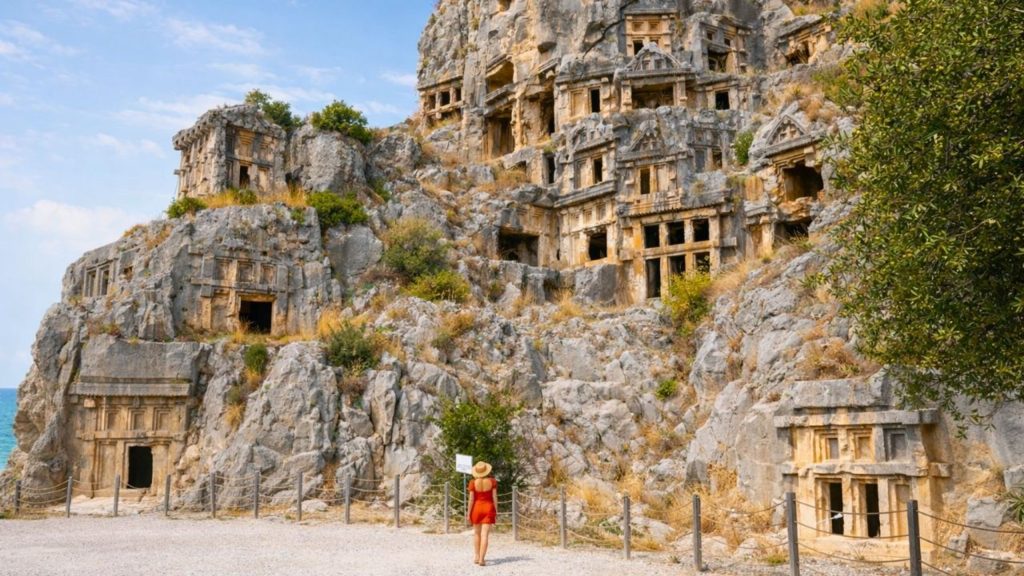 Ancient Lycian rock-cut tombs carved into cliff face at Myra archaeological site Demre