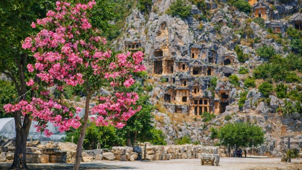 Pink oleander blossoms with Lycian rock tombs in background at Myra ancient site