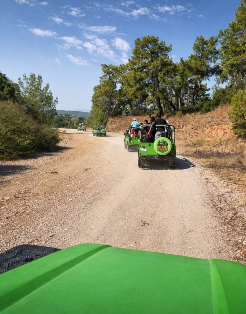 Belek jeep safari convoy on dusty forest trail through pine trees Taurus Mountains