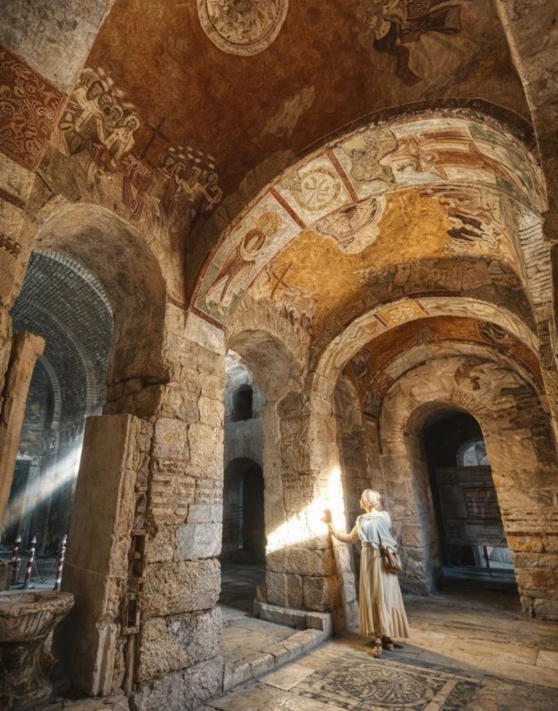 Visitor inside Saint Nicholas Church in Demre with ancient frescoes on ceiling