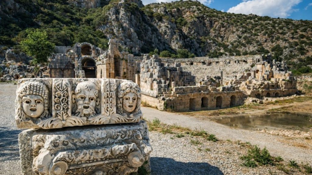 Ancient stone theatre masks with Roman amphitheatre at Myra on Demre Myra Kekova tour from Alanya