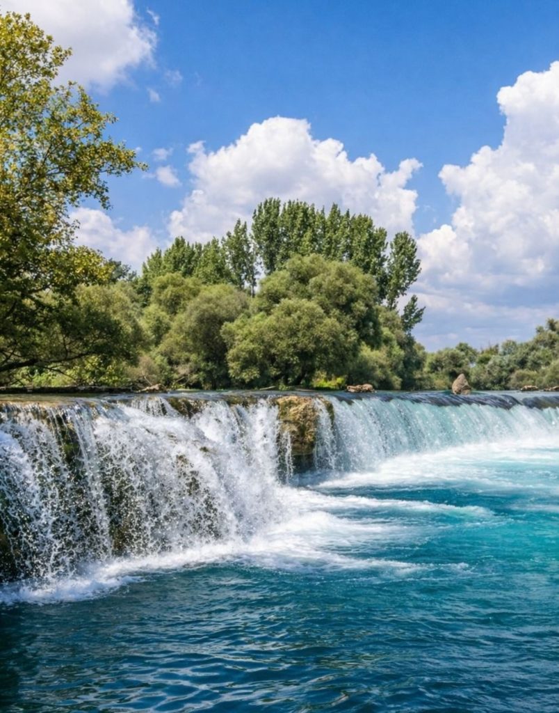 Manavgat Waterfall cascading into turquoise pool surrounded by green nature