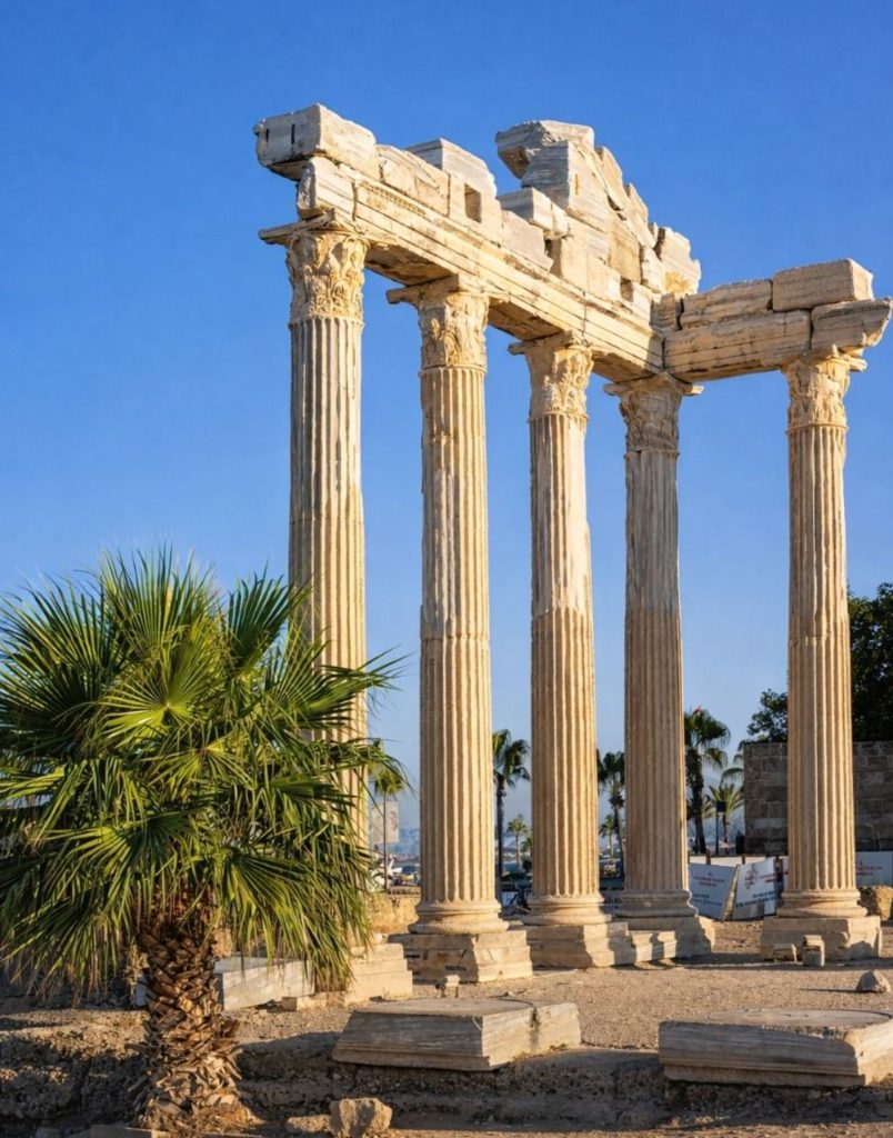 Temple of Apollo marble columns with palm tree in ancient city of Side