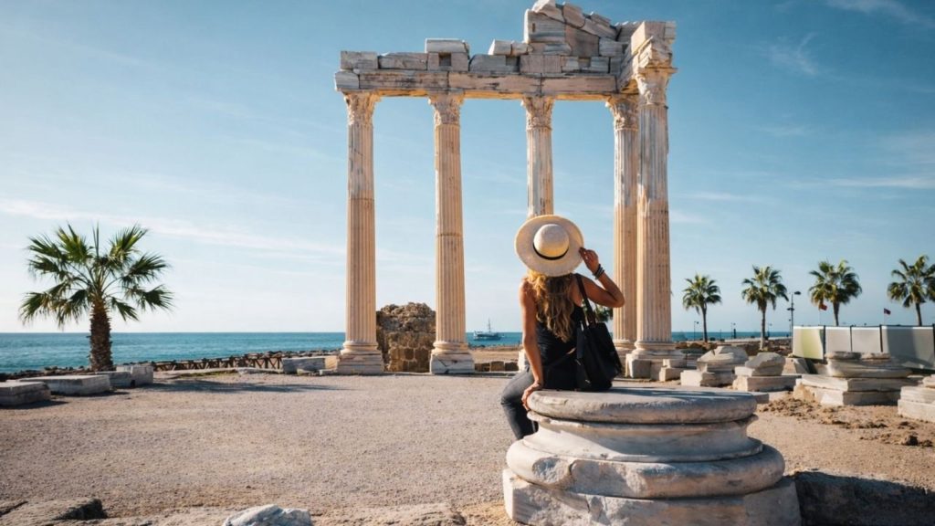 Temple of Apollo ancient columns with Mediterranean sea view in Side