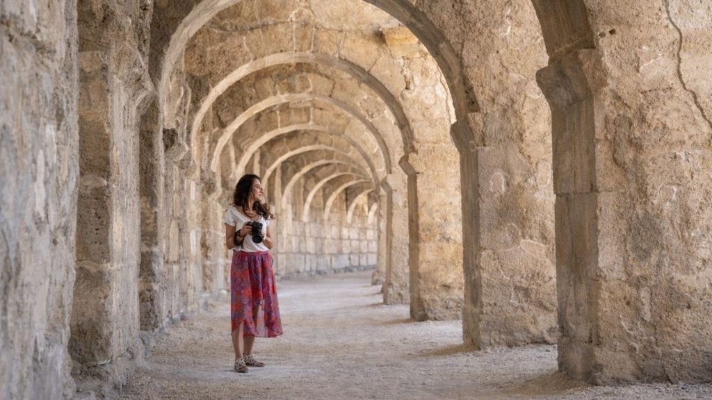 Inside the arched stone corridors of Aspendos Ancient Theatre