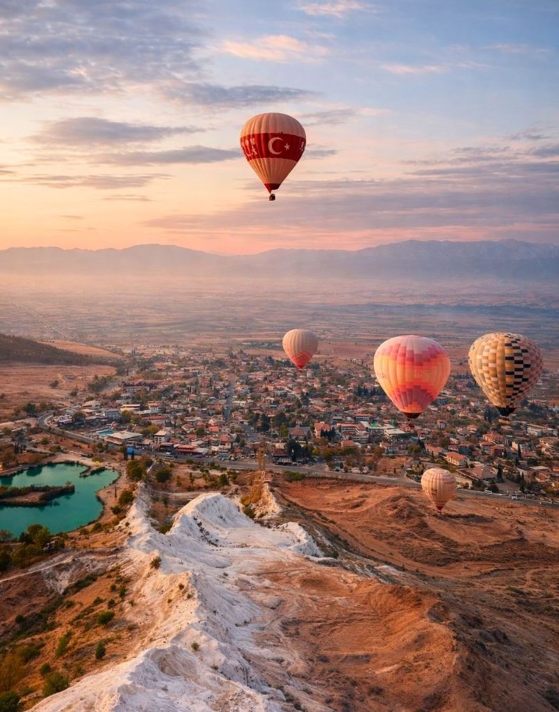 Sunset aerial view of hot air balloons floating over Pamukkale travertines and Denizli town