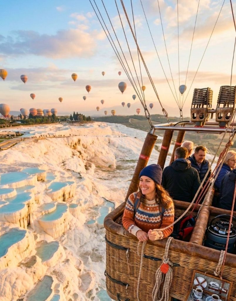 Happy traveller smiling inside hot air balloon basket with Pamukkale travertines and balloons in background