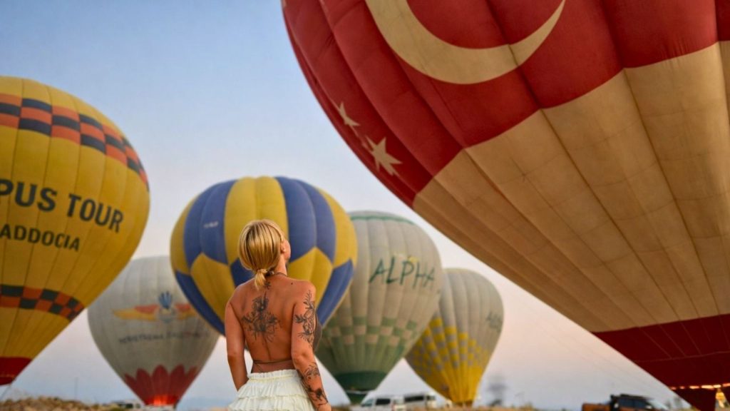 Colourful hot air balloons with Turkish flag preparing for sunrise flight over Pamukkale