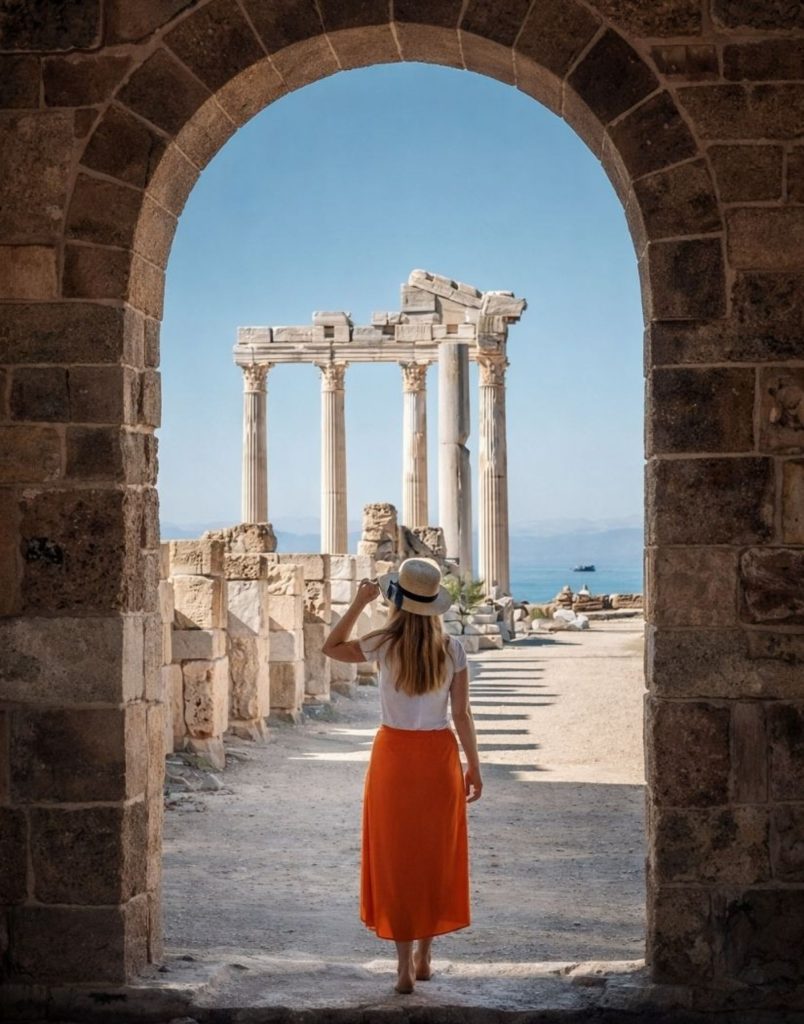 manavgat aspendos side tour temple of apollo columns seen through a stone archway with sea behind