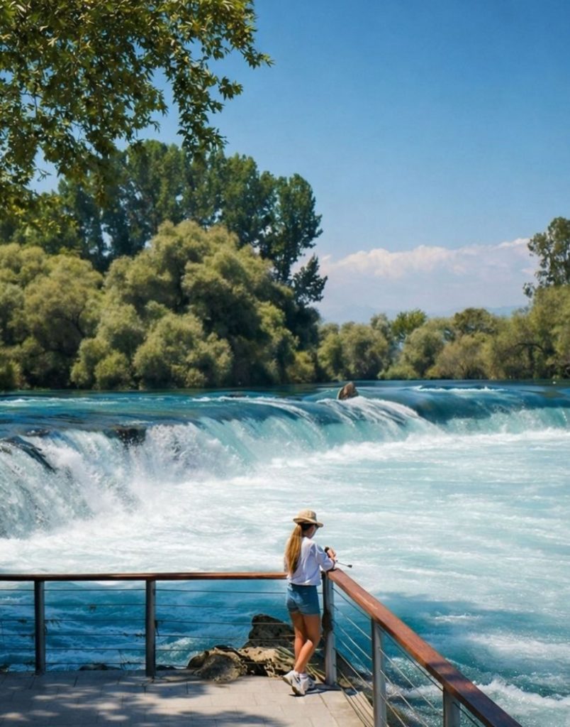 manavgat aspendos side tour manavgat waterfall from the viewing terrace with turquoise rushing water
