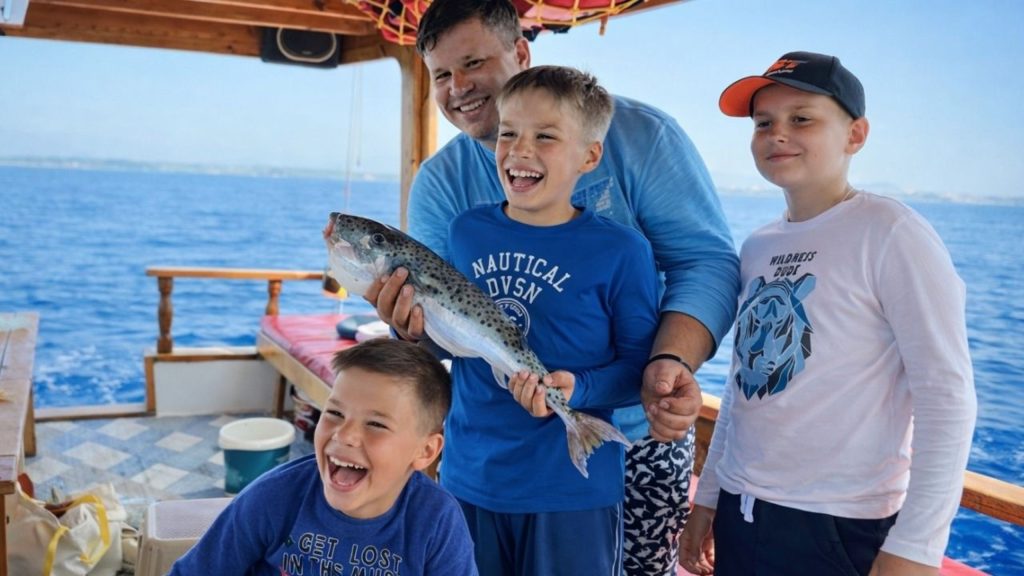fresh fish catch celebration on wooden boat during sea fishing in side tour