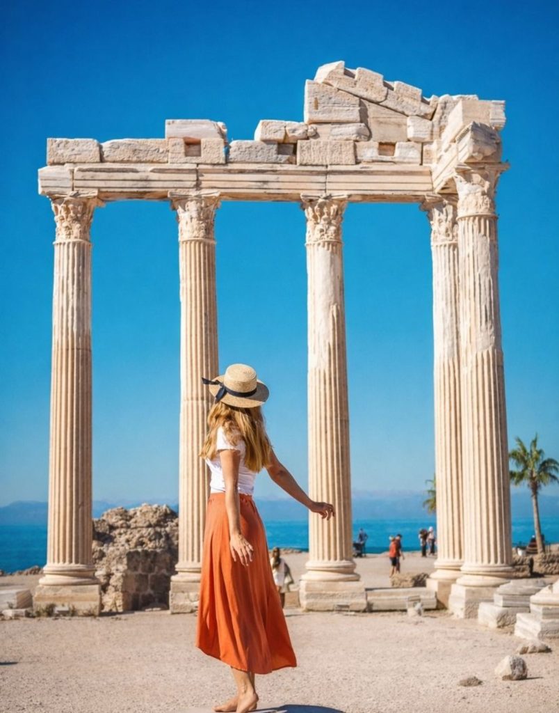 perge aspendos side from belek temple of apollo tall columns against blue sky in side