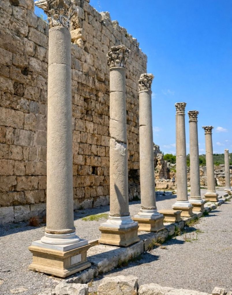 perge aspendos side from belek perge ancient city corinthian columns along stone wall