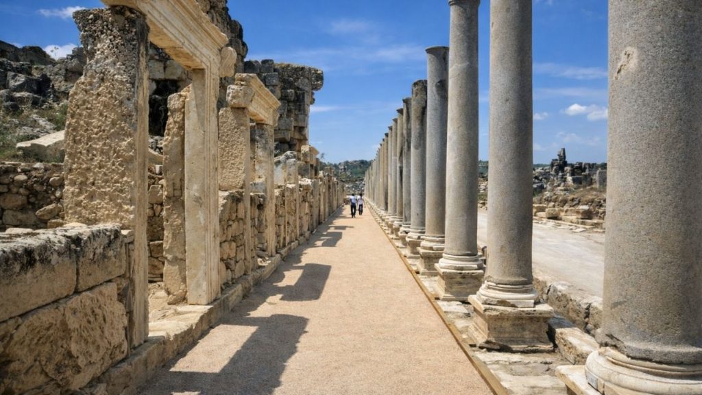 perge aspendos side from belek perge ancient city colonnaded street with roman columns