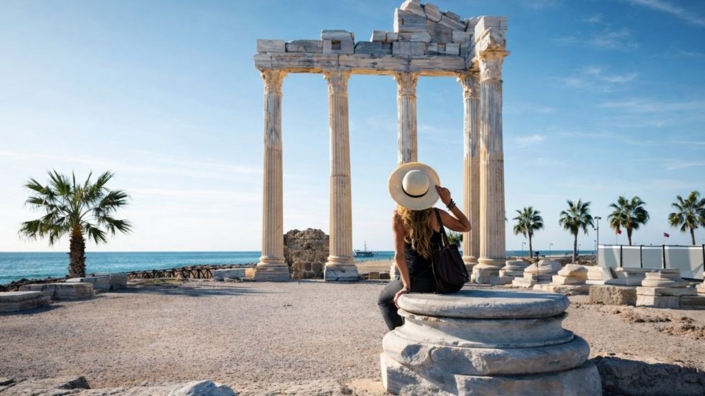 perge aspendos side from belek side temple of apollo marble columns with mediterranean sea