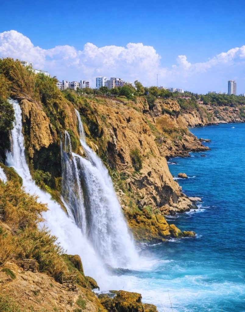 antalya city tour from side lower duden waterfall cascading off the cliffs into the mediterranean sea