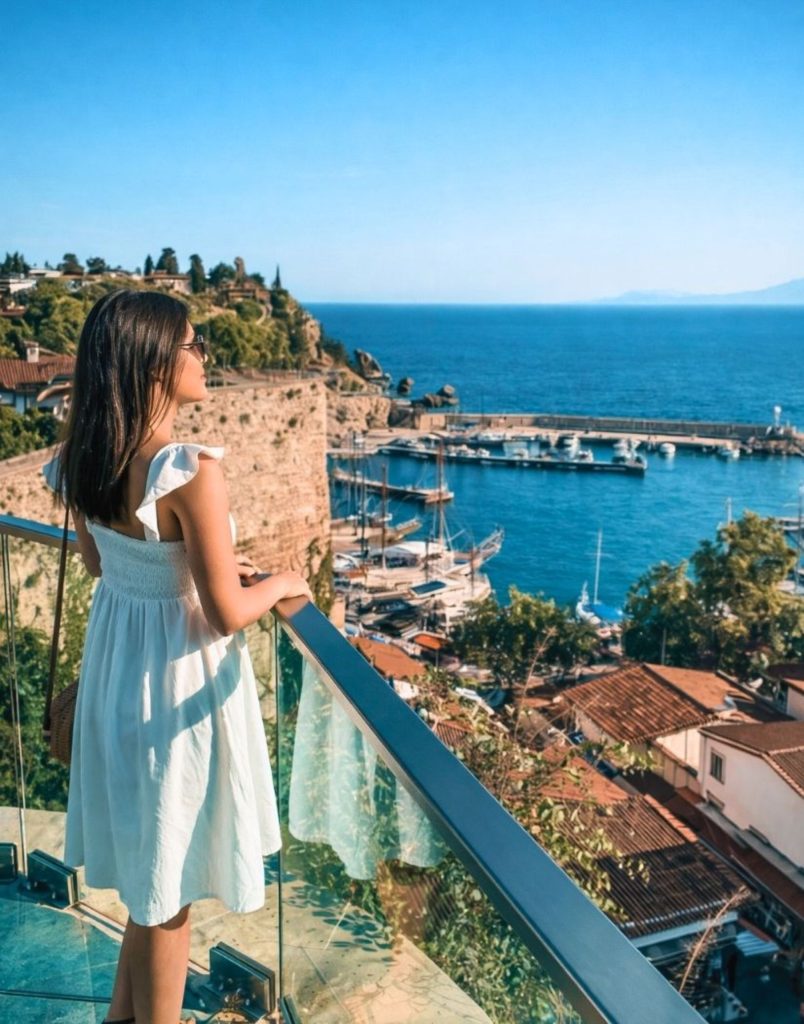 antalya city tour from side kaleici harbor view from above with old town rooftops and mediterranean sea