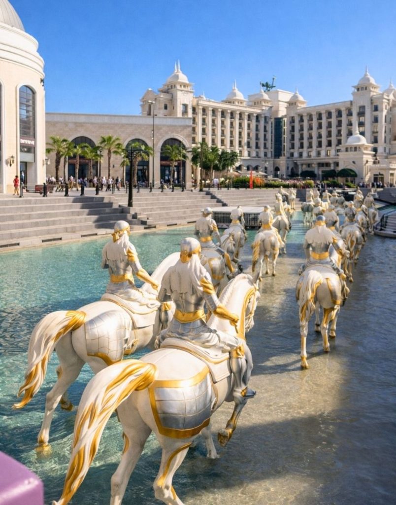 Land of Legends Belek golden horse rider statues in turquoise pool grand hotel behind