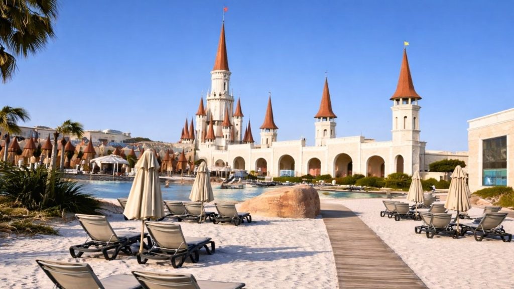 Land of Legends theme park Belek fairy tale castle white sand beach pool area