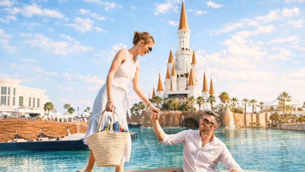 Land of Legends Belek castle view from poolside with turquoise water palm trees